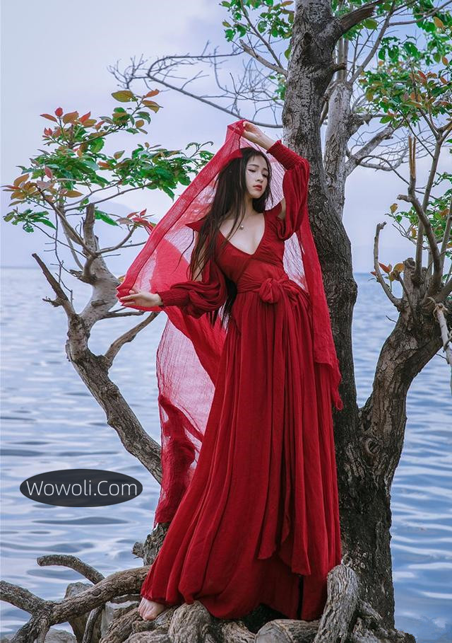 复古红色长裙真实照片