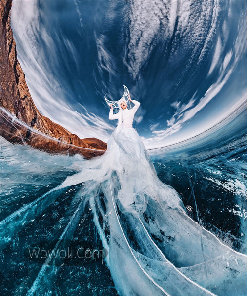 贝加尔湖白色长裙时尚大片照片