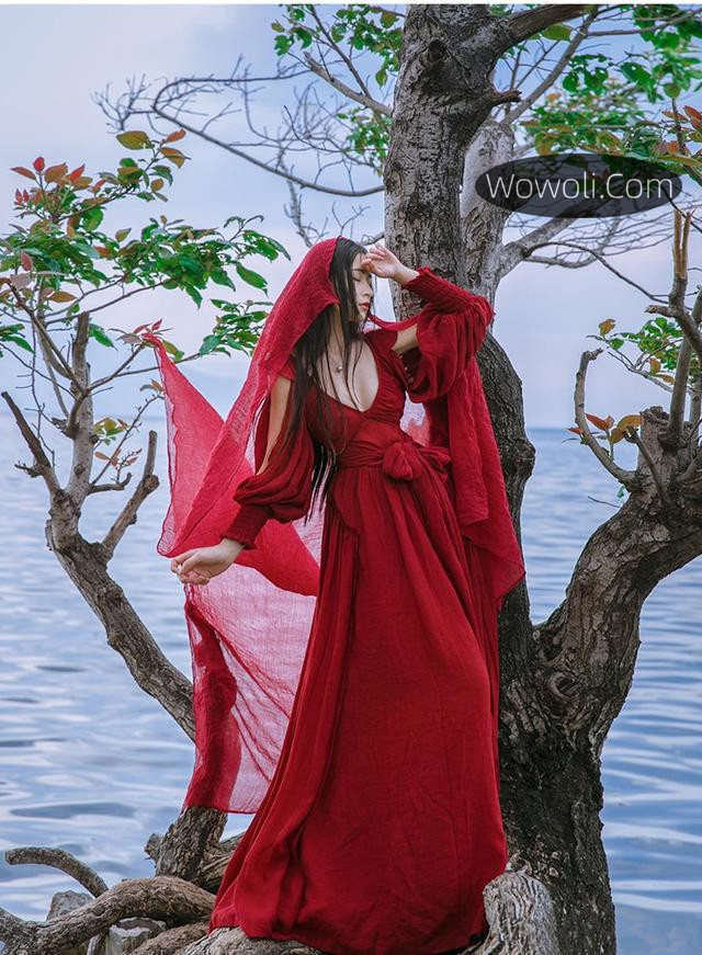 复古红色长裙真实照片